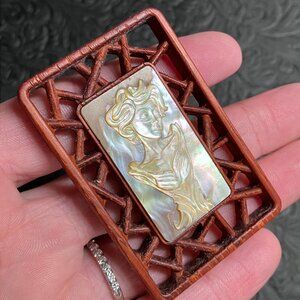 Medusa Bust Mother of Pearl and Wood Pendant Cabochon Mini Art